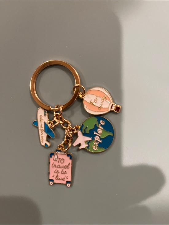 None Accessories - Travel Charm Keychain with Globe, Plane, Hot Air Balloon, and Pink Suitcase